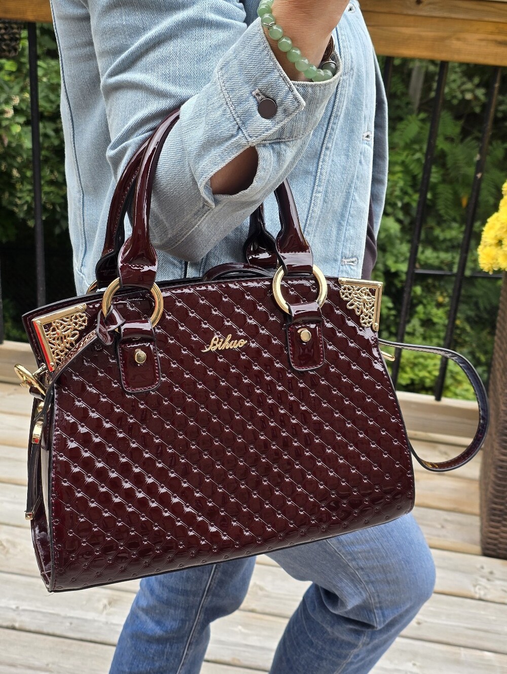 Bihuo Burgundy Patent Embossed Satchel Crossbody Bag Gold Hardware